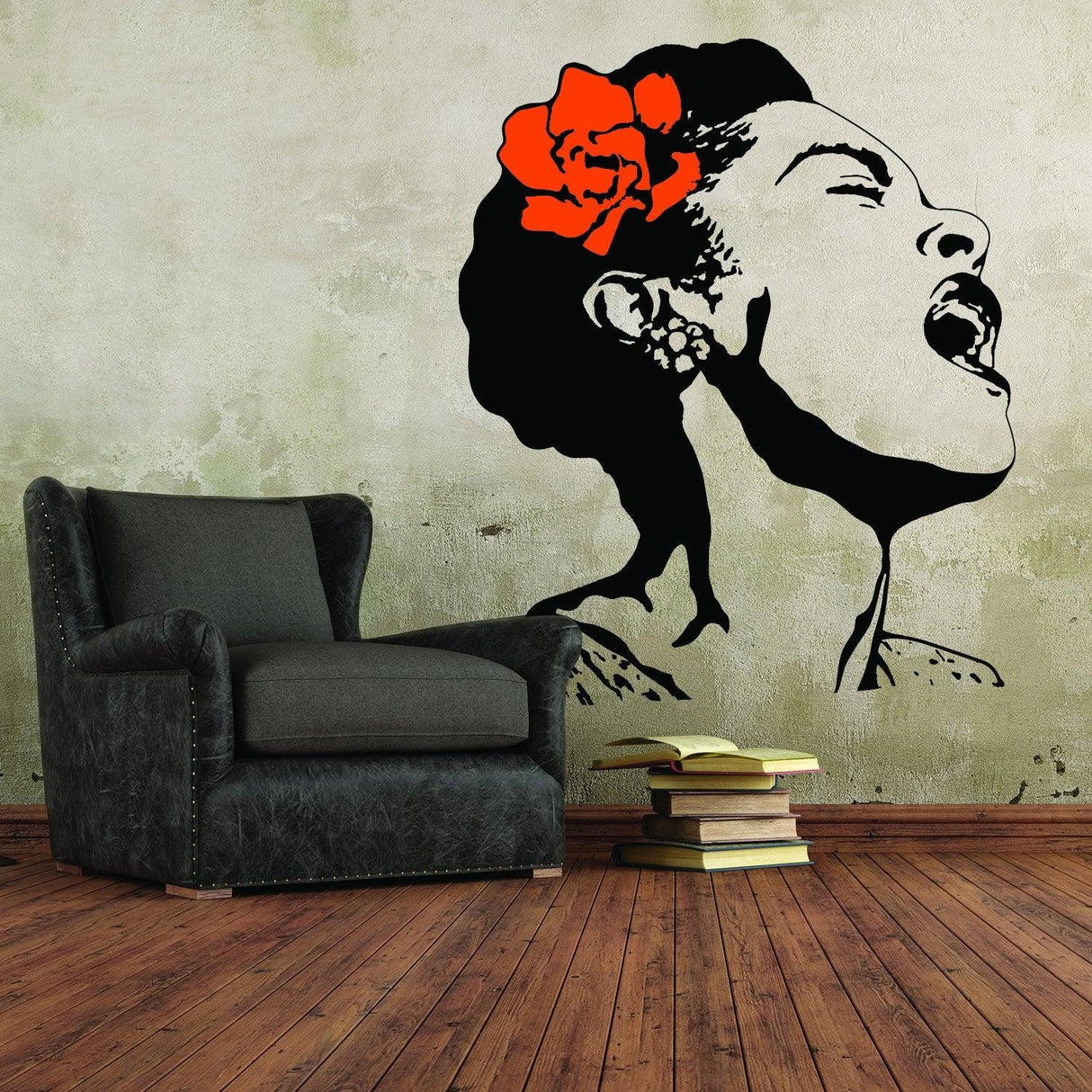 Life Is Beautiful Banksy street art wall decal featuring a singing woman with a flower in her hair.