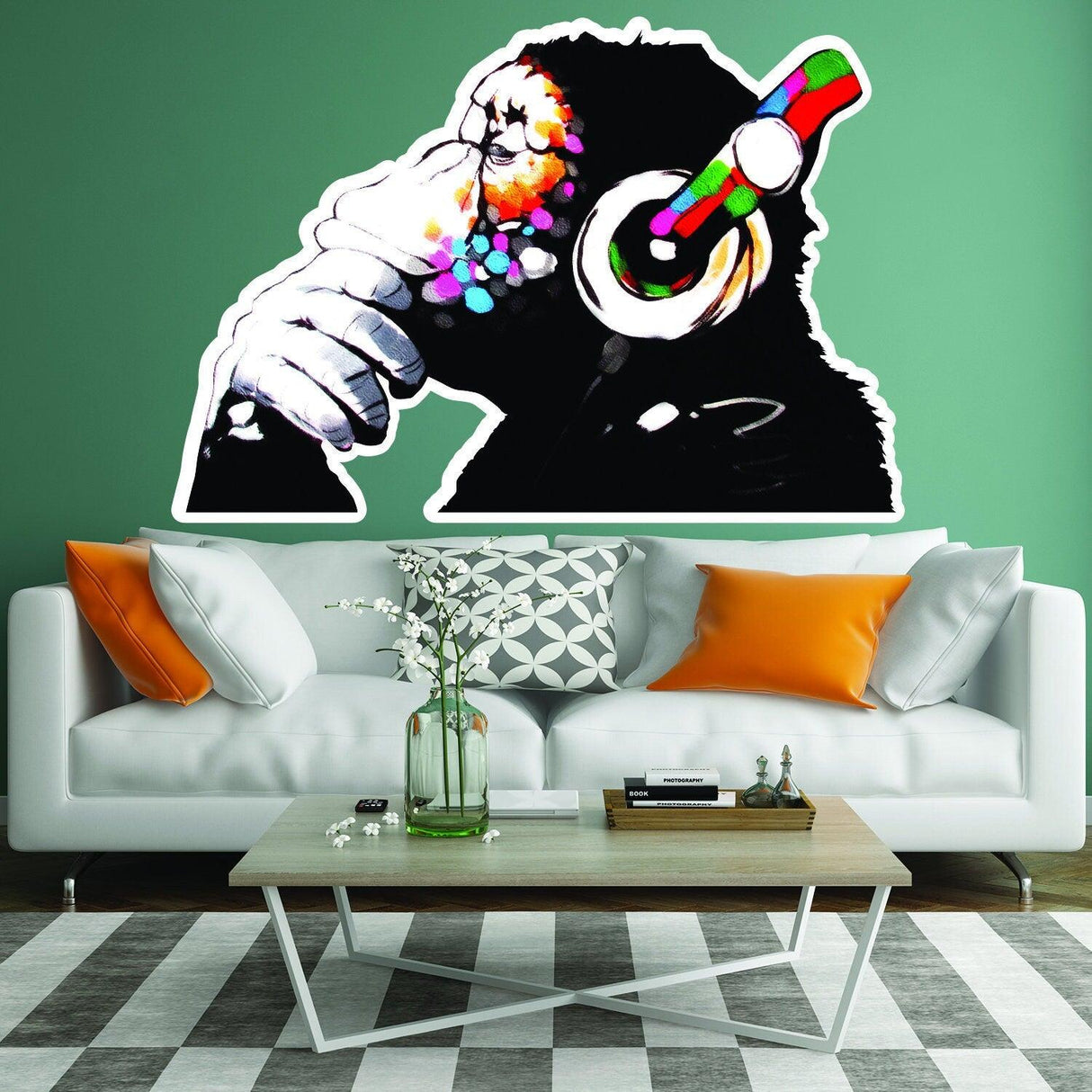 Banksy Thinking Monkey Sticker wall decal featuring a colorful monkey in headphones, enhancing modern home decor.