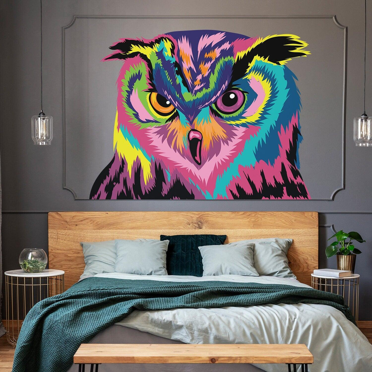 Colorful owl wall sticker art above a bed, vibrant decal adds whimsy to bedroom decor.