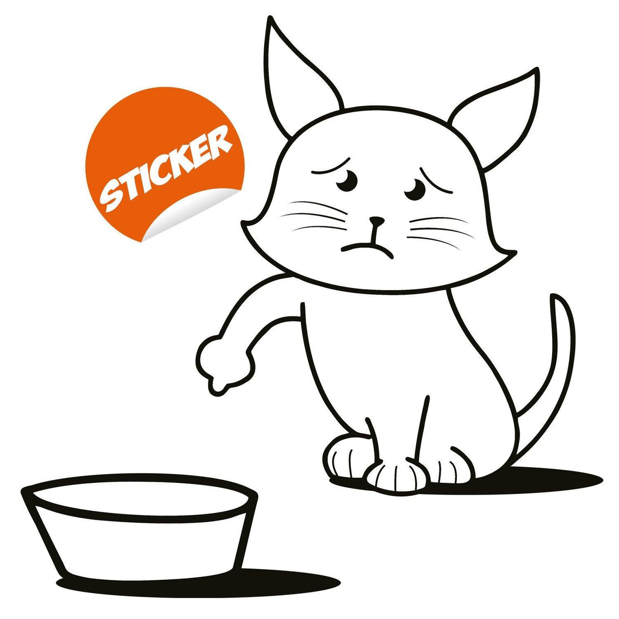 Cute cat sticker design looking sad near an empty bowl, perfect for cat lover merchandise.