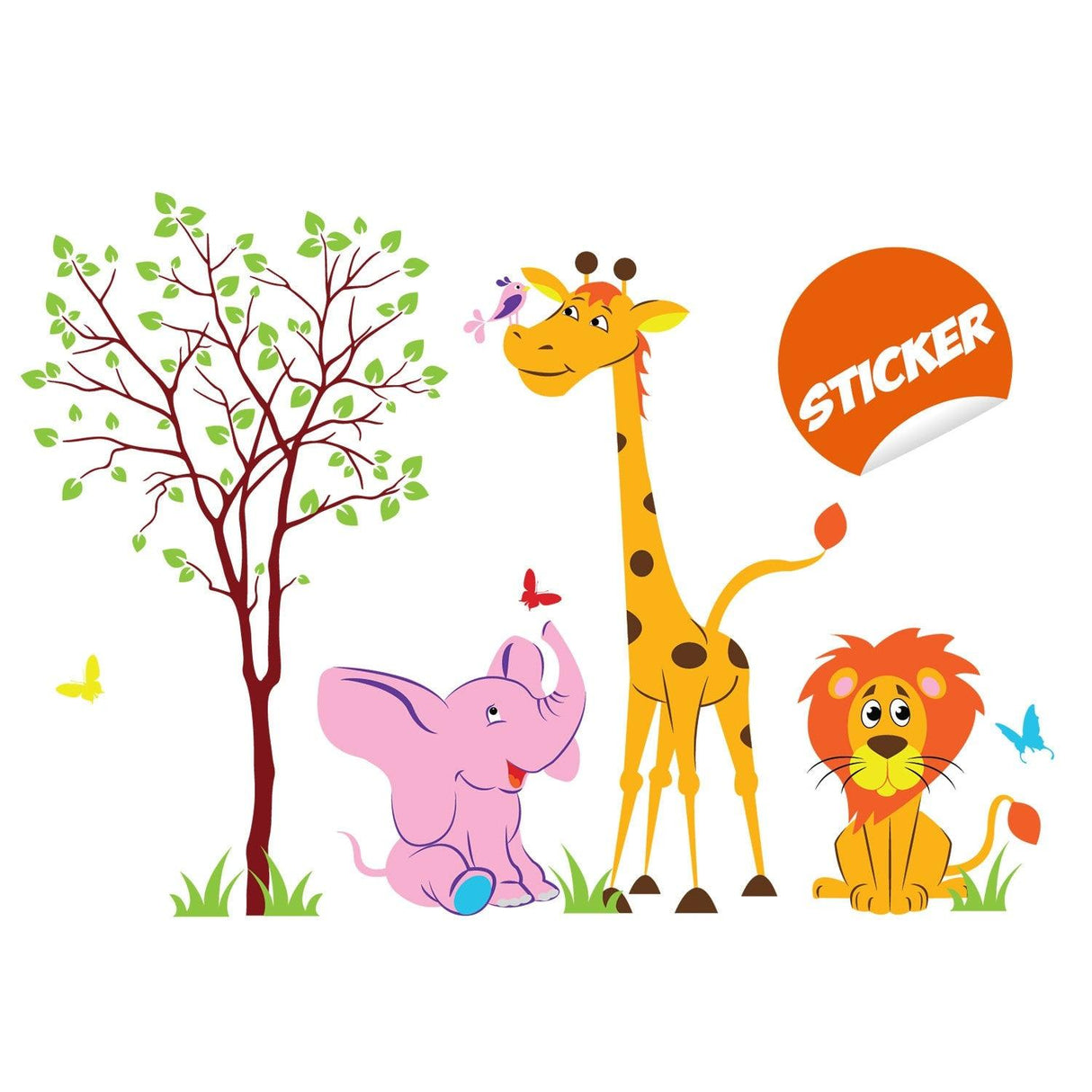 Colorful nursery animal wall decor vinyl sticker featuring a lion, giraffe, elephant, tree, and butterflies.