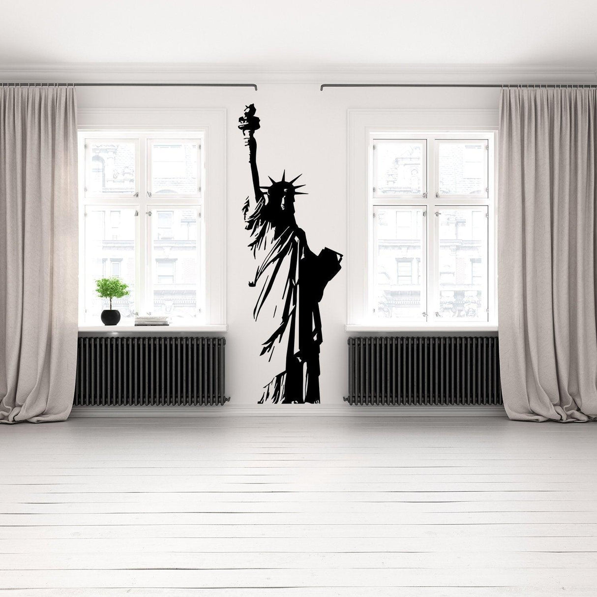 Statue of Liberty wall sticker in modern room, showcasing iconic Lady Liberty silhouette as home decor.