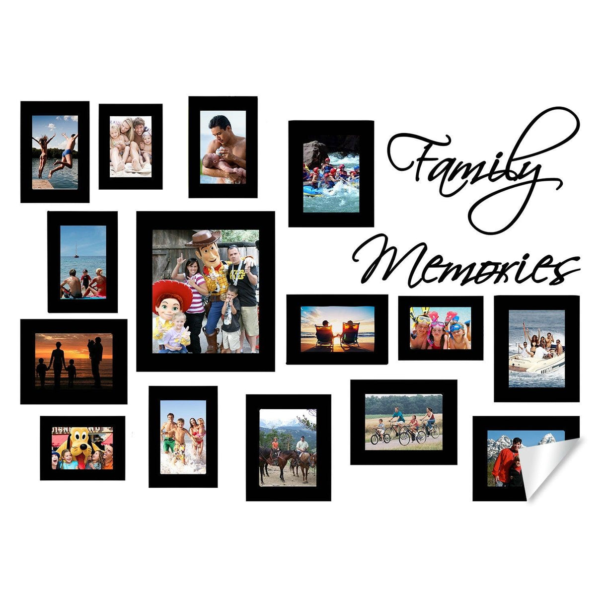 Wall Frame Sticker showcasing family photos in black frames with the text 'Family Memories' for stylish decor.