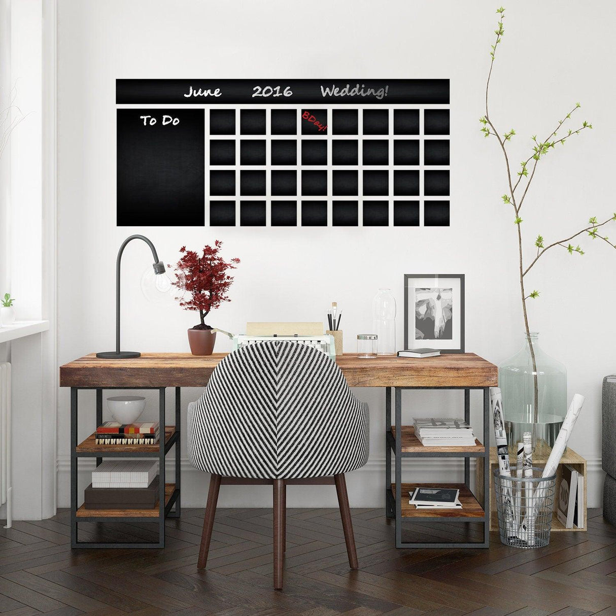 Office calendar chalkboard vinyl sticker displayed in a stylish workspace with a wooden desk and modern decor.