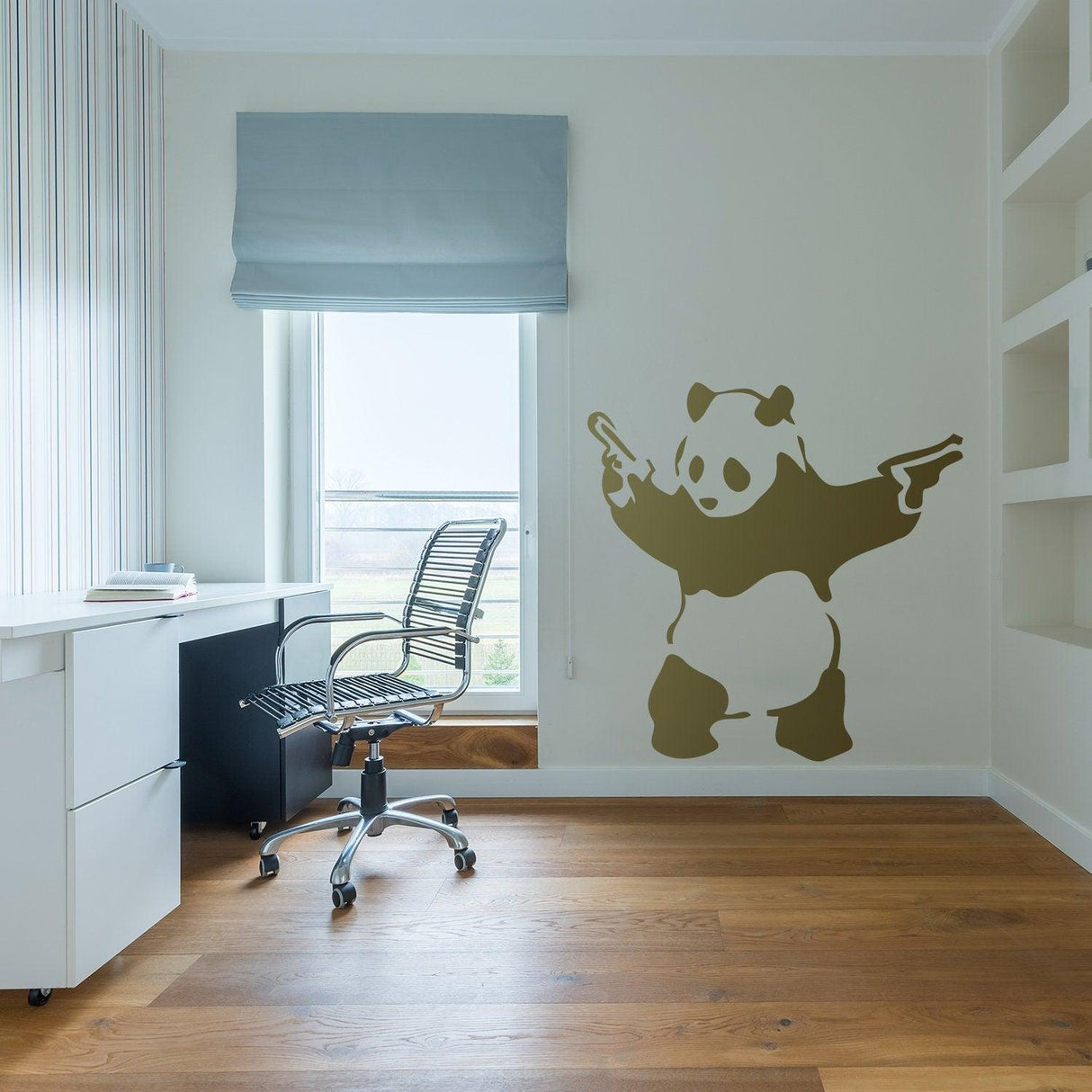 Banksy panda wall sticker with guns in modern office setting, adding urban art style to the decor.