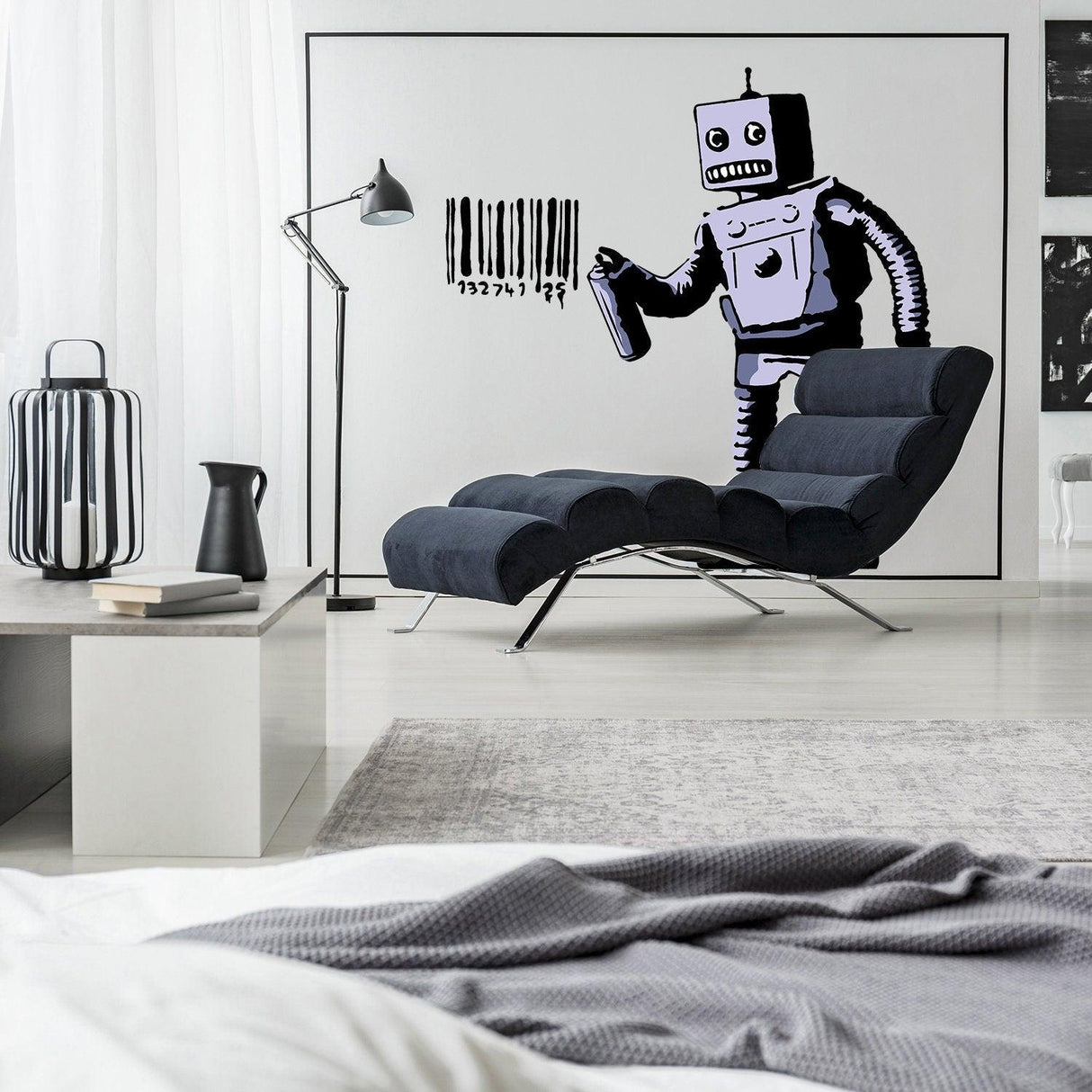 Banksy Barcode Robot Wall Vinyl Sticker displayed on a stylish living room wall, featuring urban street art. Modern decor.