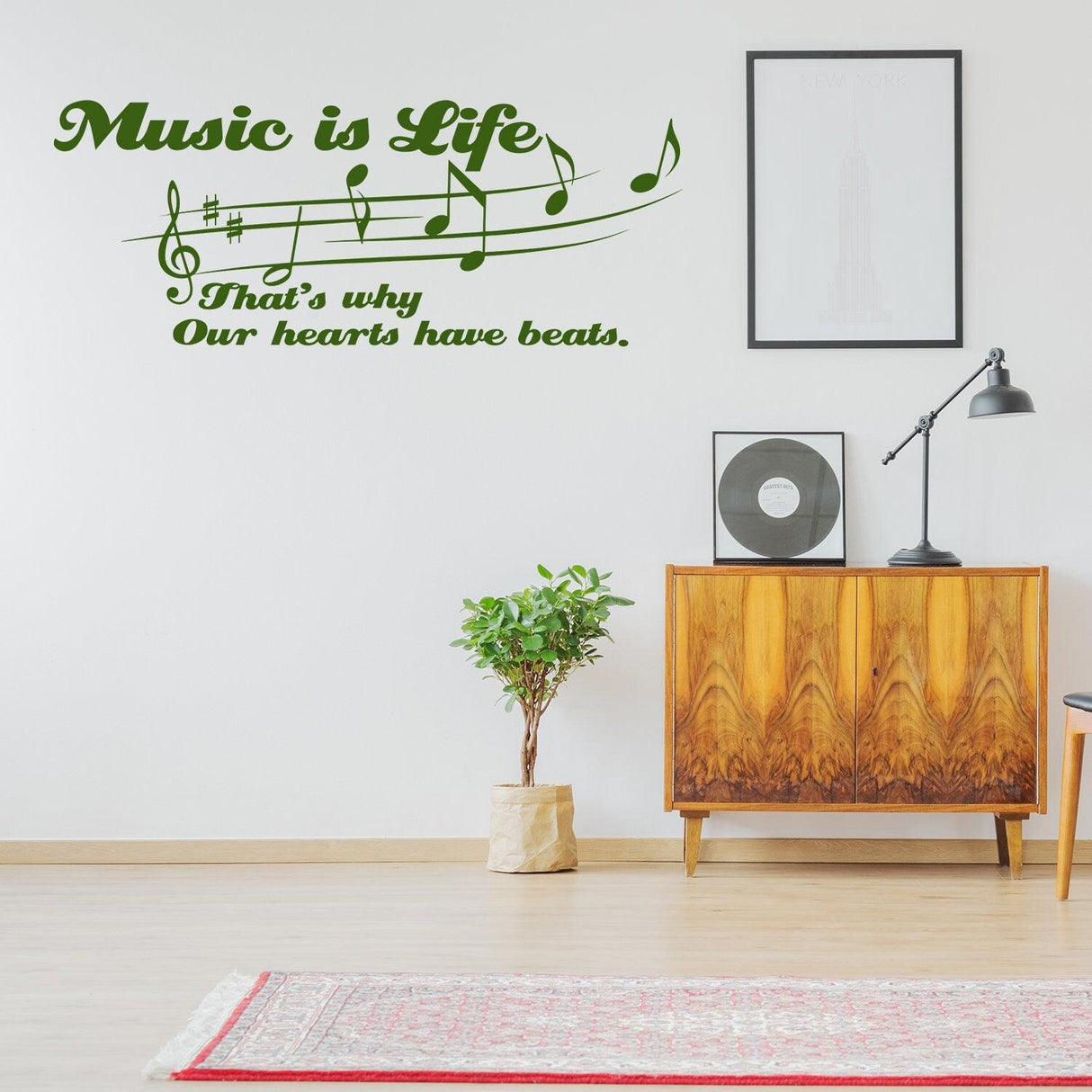 Music is Life wall sticker with musical notes and quote in a stylish room decor setting.