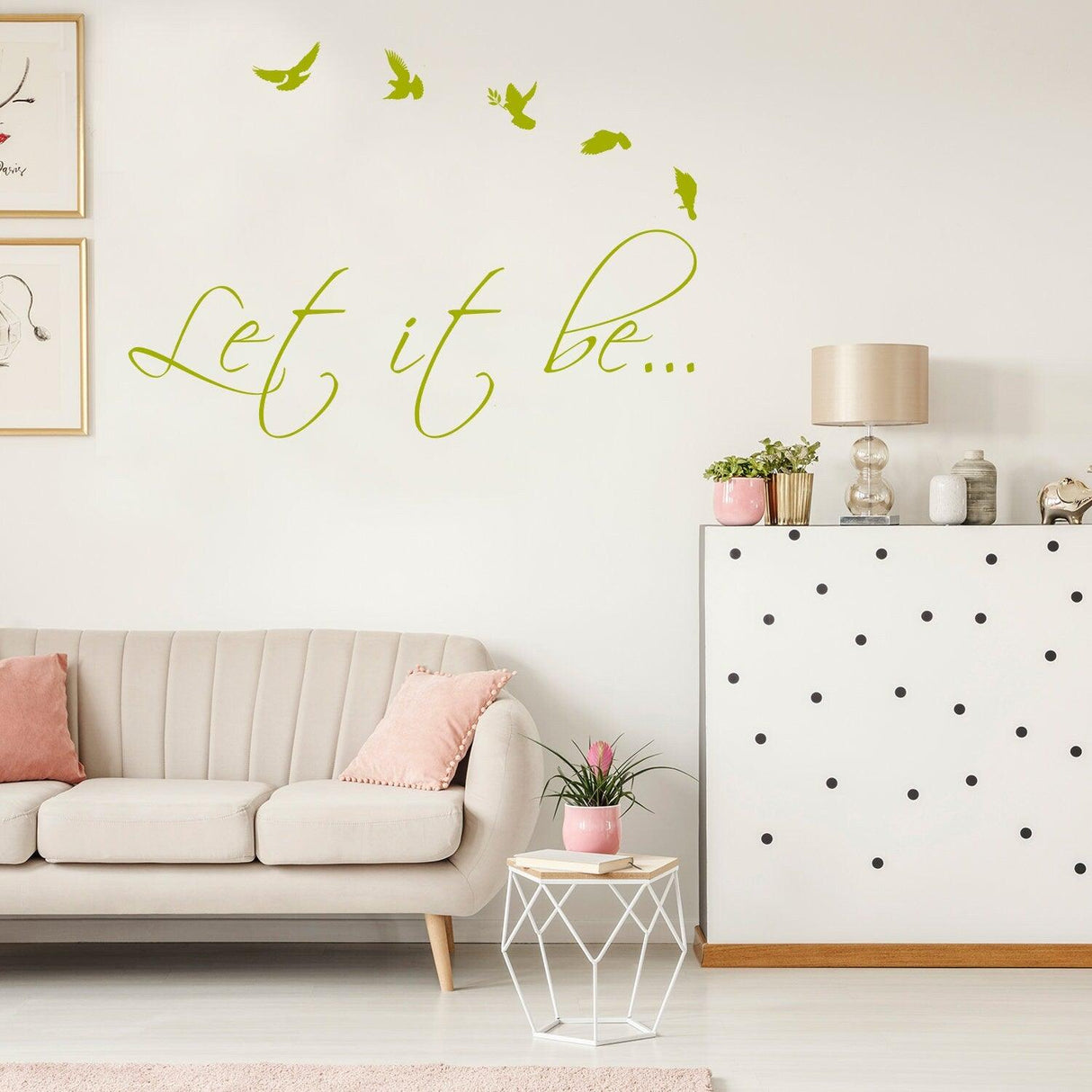 Let it be wall sticker with birds in a modern living room decor, adding a touch of positivity and style.