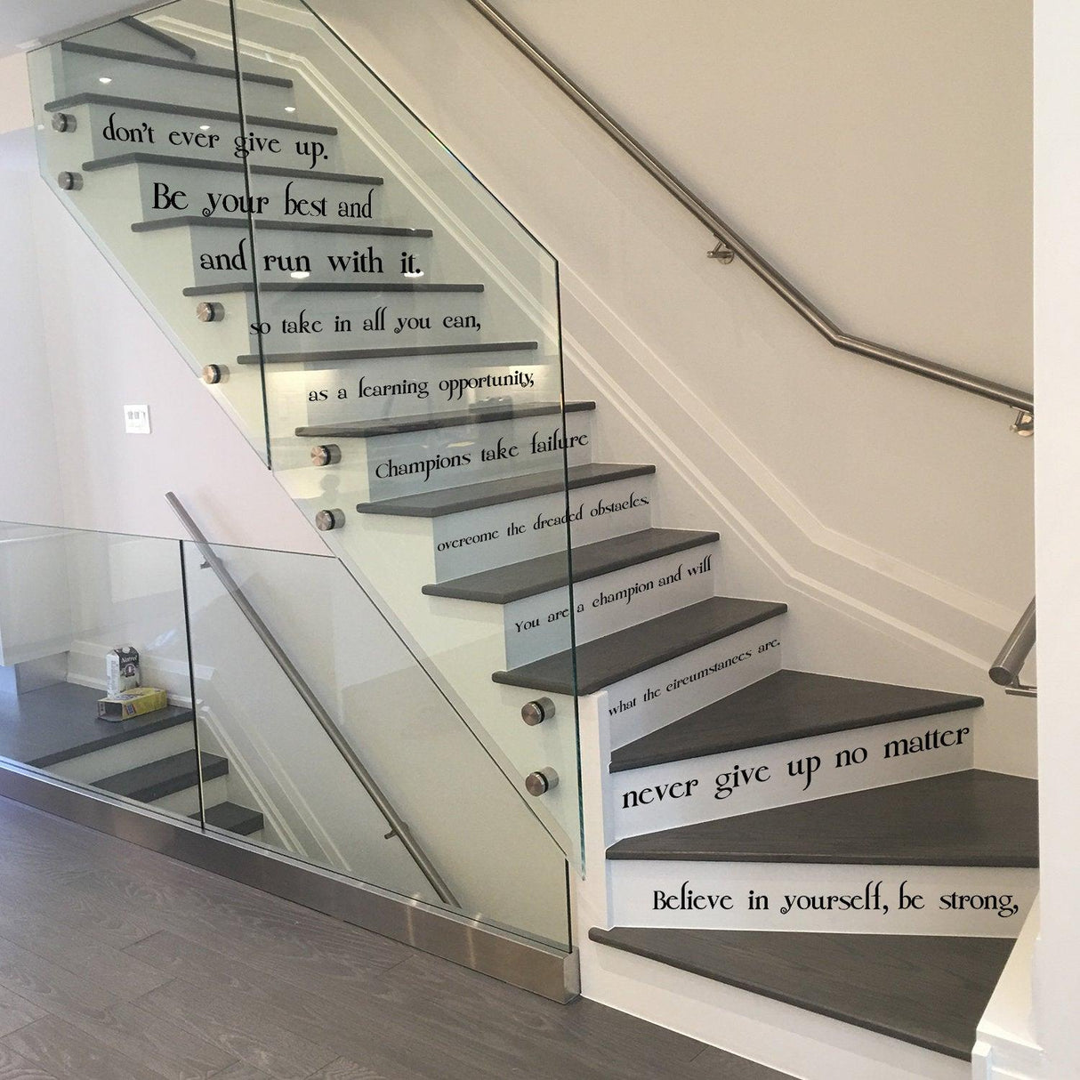 Inspirational staircase vinyl stickers with motivational quotes to uplift and encourage self-belief at home.