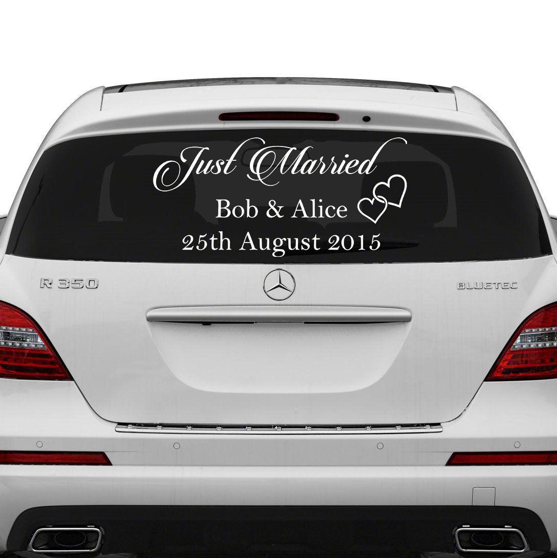 Custom Just Married vinyl wedding sticker on a car window featuring names Bob & Alice and wedding date 25th August 2015.