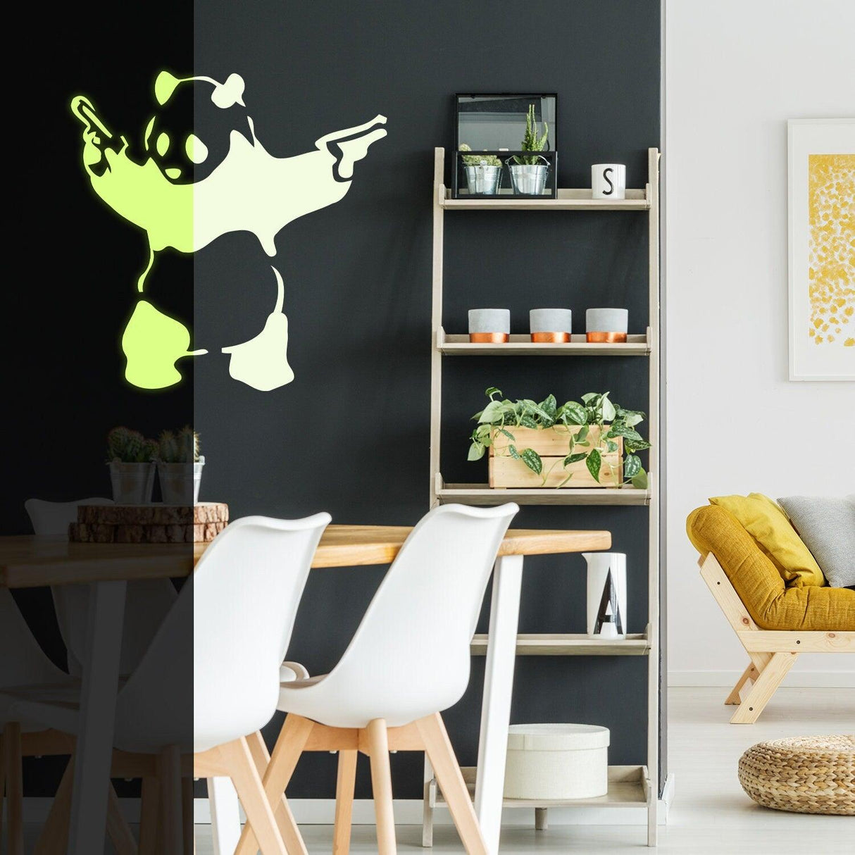 Glow in dark Banksy panda wall sticker with guns in modern living space, adding unique graffiti decor.