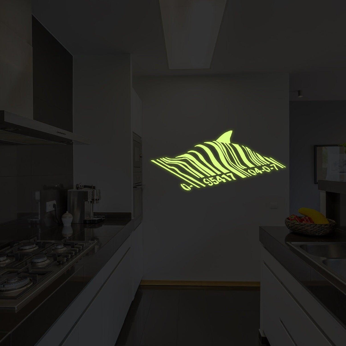 Glow in dark Banksy shark wall sticker design featuring a barcode projection in a modern kitchen.