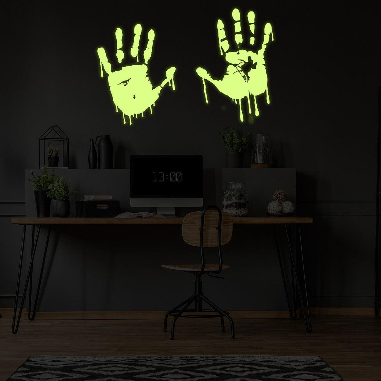 Glow in dark bloody hand vinyl stickers on dark wall, perfect for spooky home decor and Halloween themes.