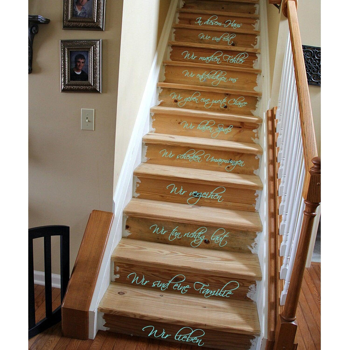 In This House vinyl sticker on wooden stairs, showcasing family values and love quotes for home decor.