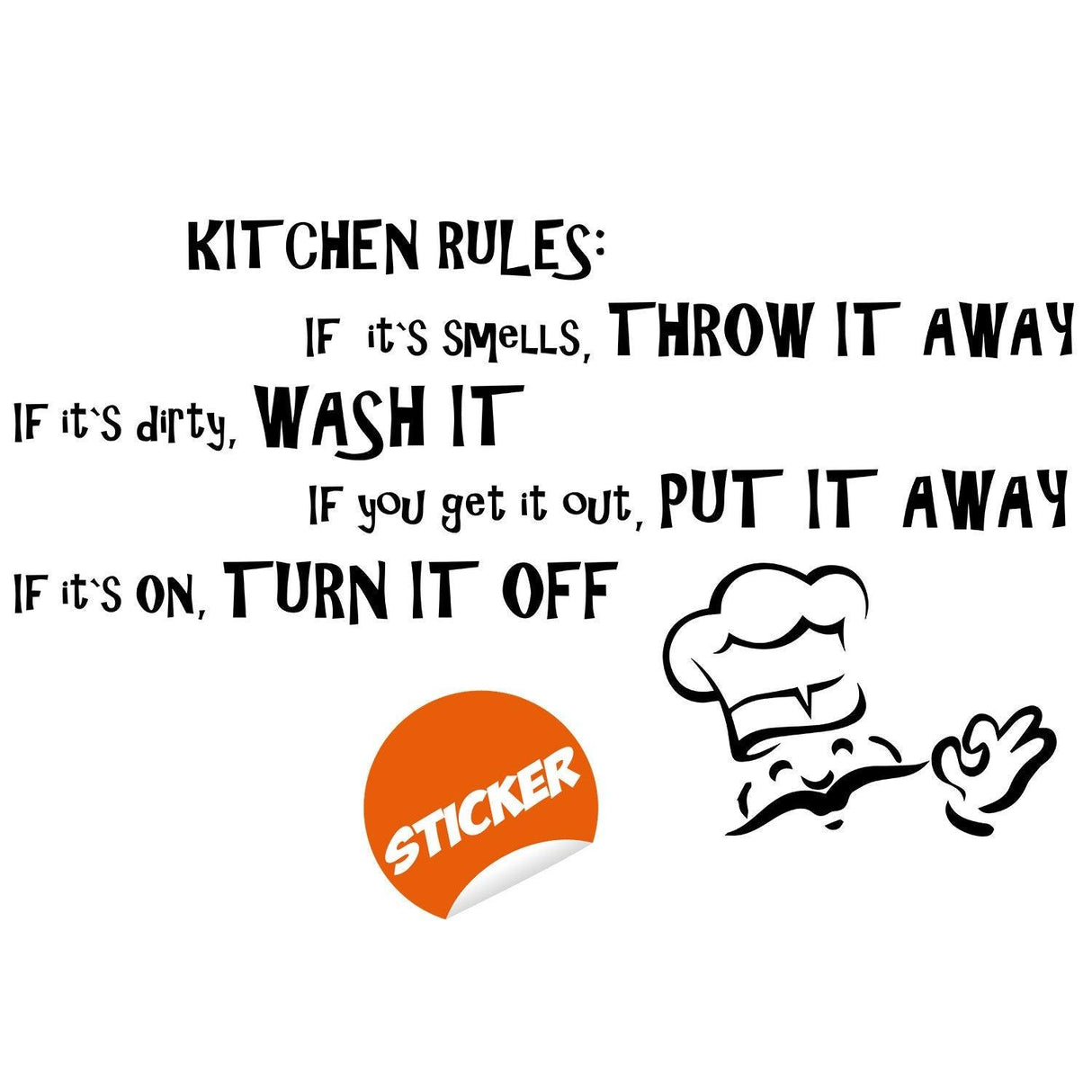 Funny kitchen rules wall sticker with vinyl decal featuring humorous sayings and chef design.