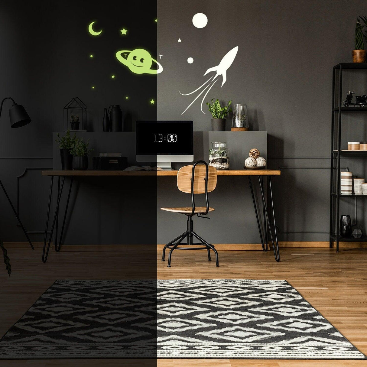 Glowing planet, rocket, moon, and stars ceiling stickers in a dark-themed workspace, showcasing glow in the dark effects.