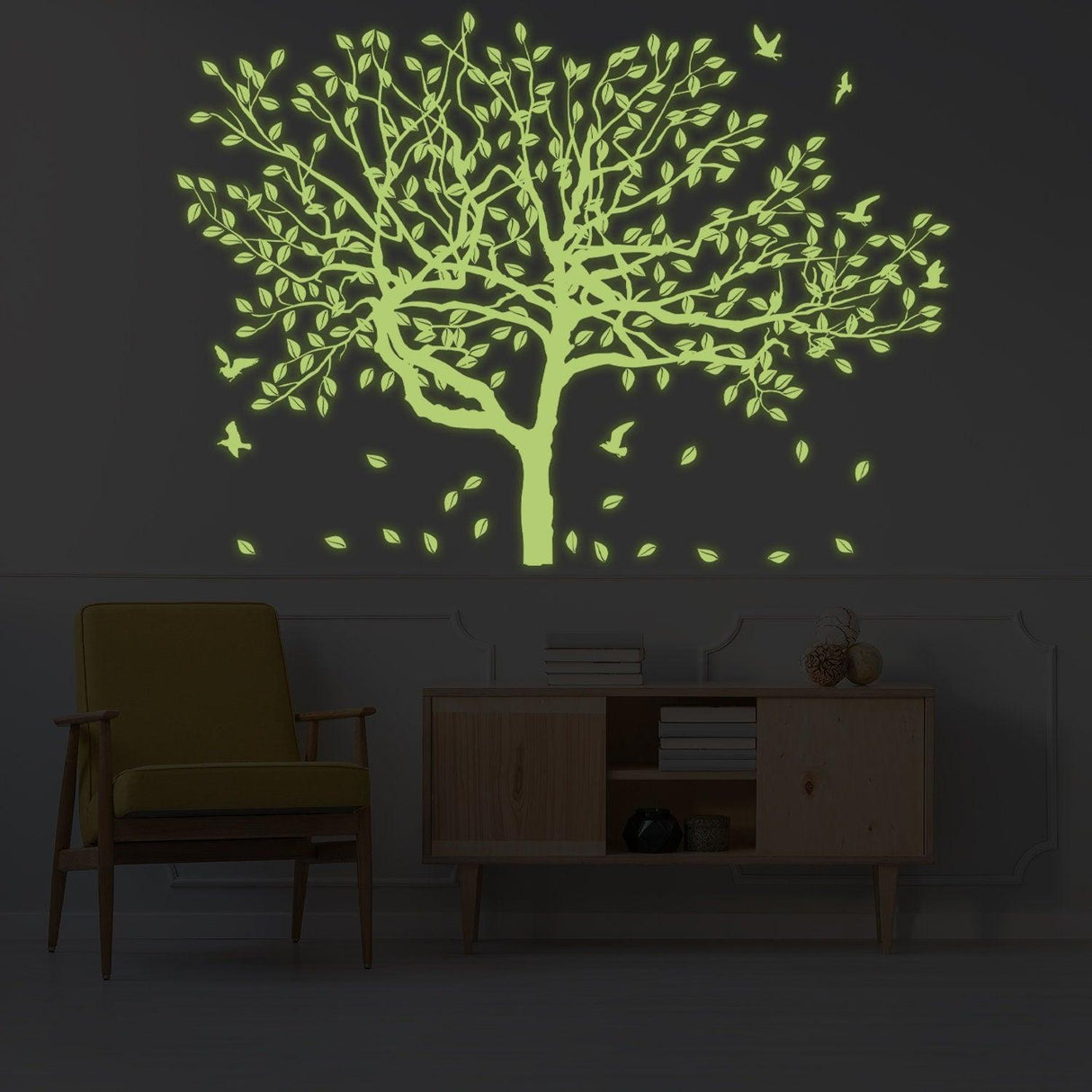 Glow in the dark tree wall sticker with leaves and birds, perfect for kids' rooms, emitting a neon luminescent effect.