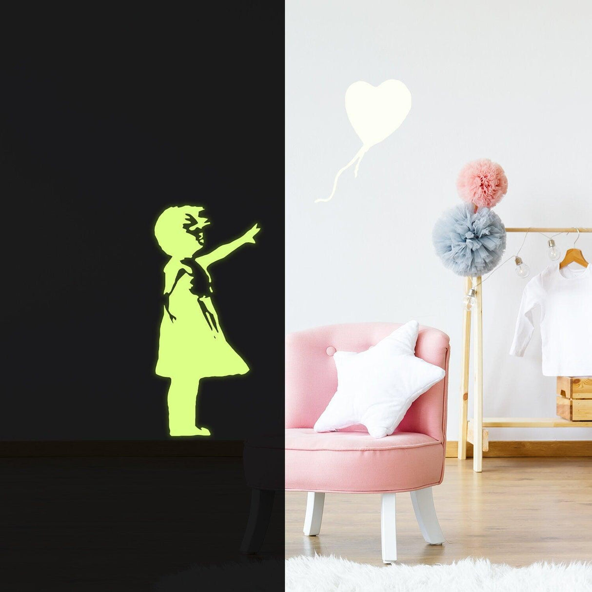 Glow in the dark vinyl sticker of a child reaching for a heart, perfect for kids' room decor.