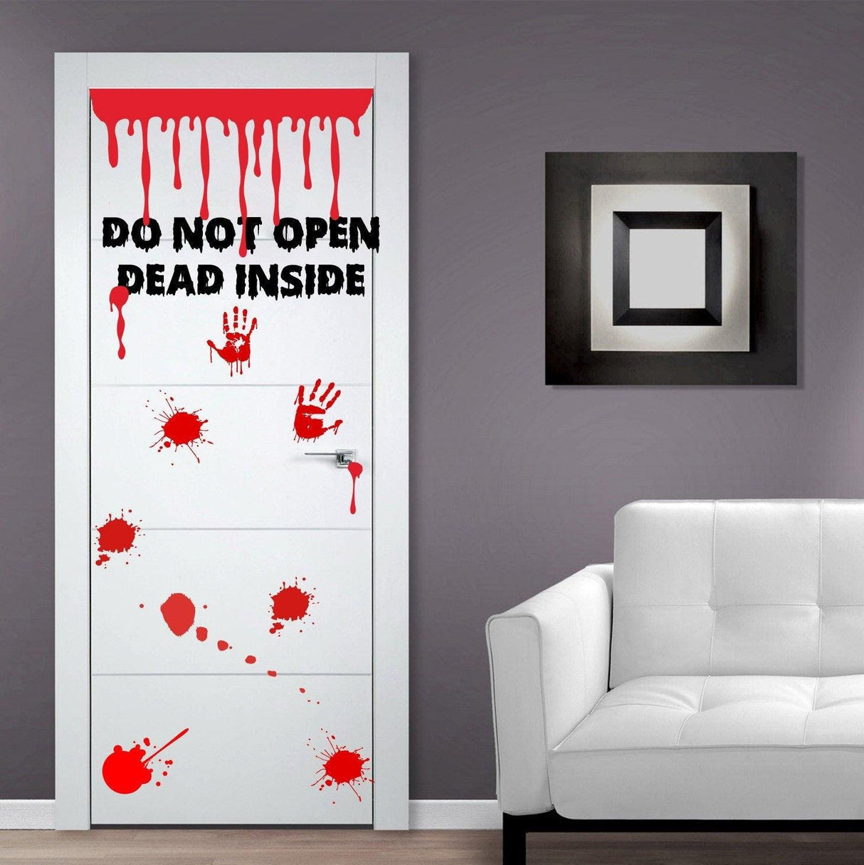 Zombie-themed bathroom door sticker with blood splatter and warning 'Do Not Open Dead Inside' for Halloween decor.