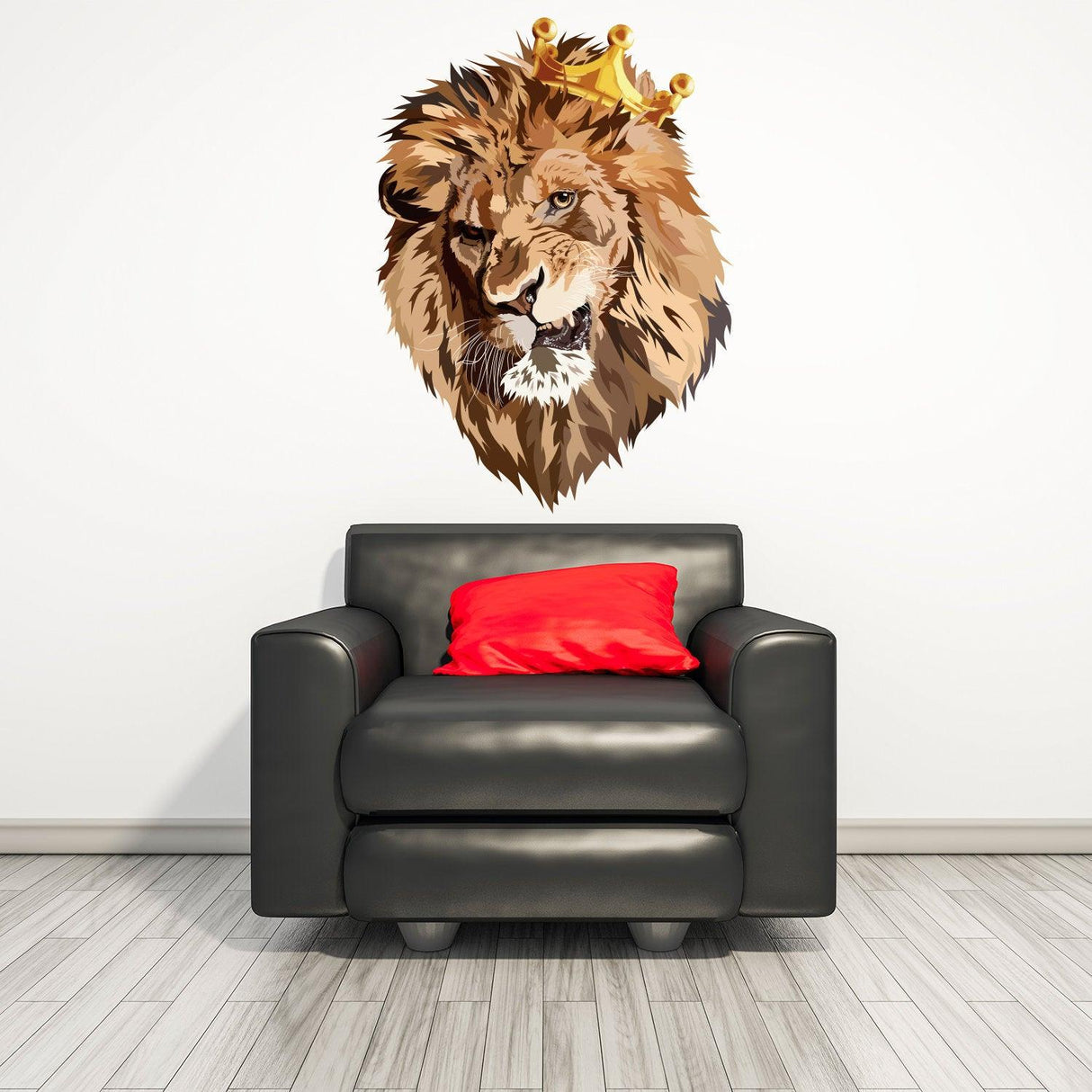 Lion King vinyl wall sticker with crown above a stylish black armchair and red cushion.