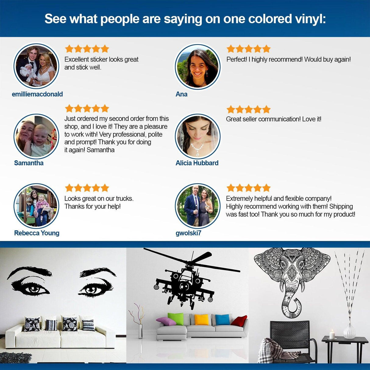 Customer reviews showcasing satisfaction with one-colored vinyl wall stickers and decor.