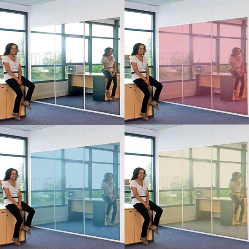 Four-panel image showing a woman beside colorful mirror privacy film decals in an office setting.