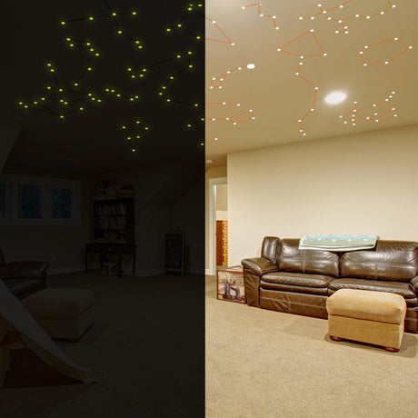 Glowing vinyl ceiling decal star map with color lines in dark and light room showcasing constellations.