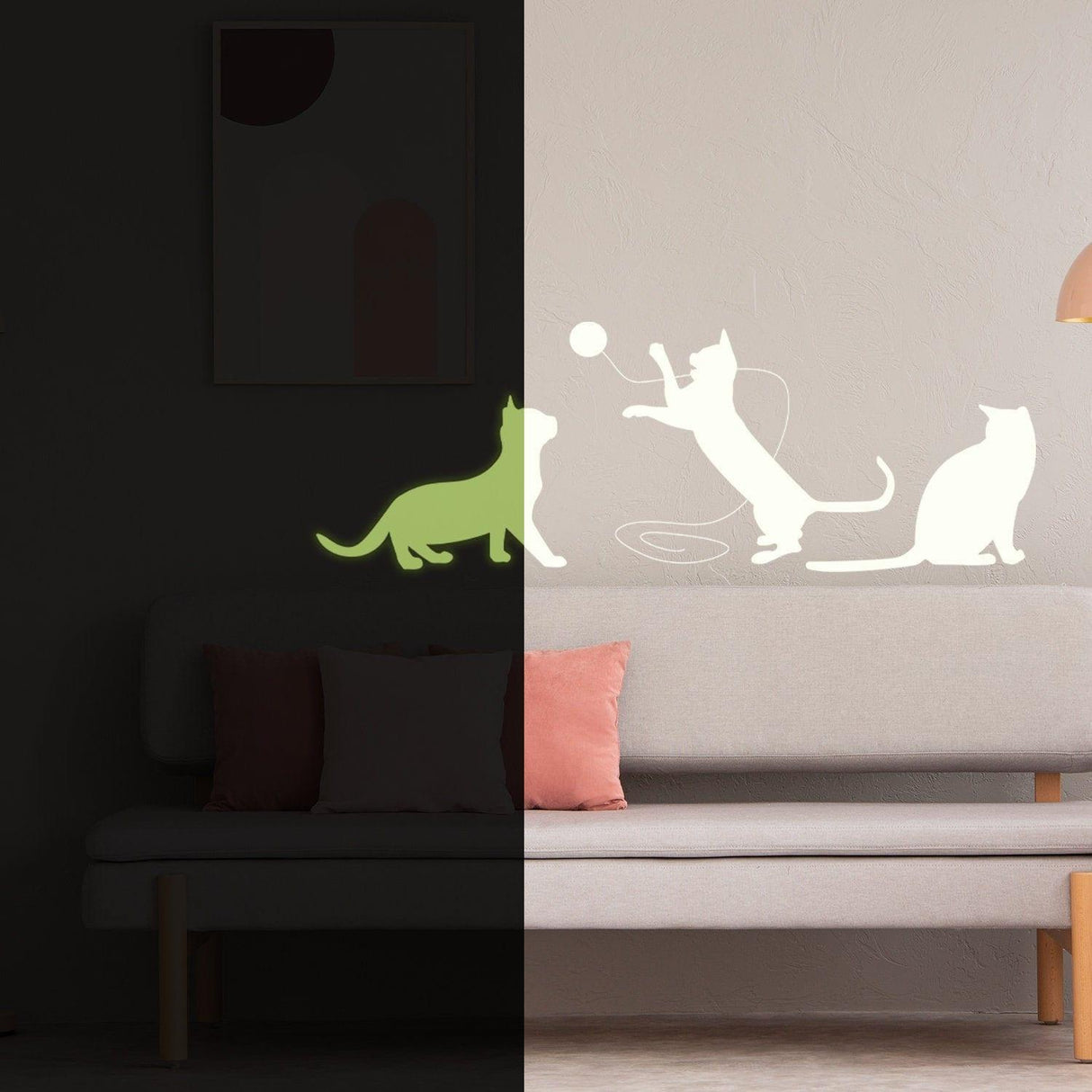 Glow in dark big cat wall sticker featuring playful kittens on a light wall above a cozy sofa.