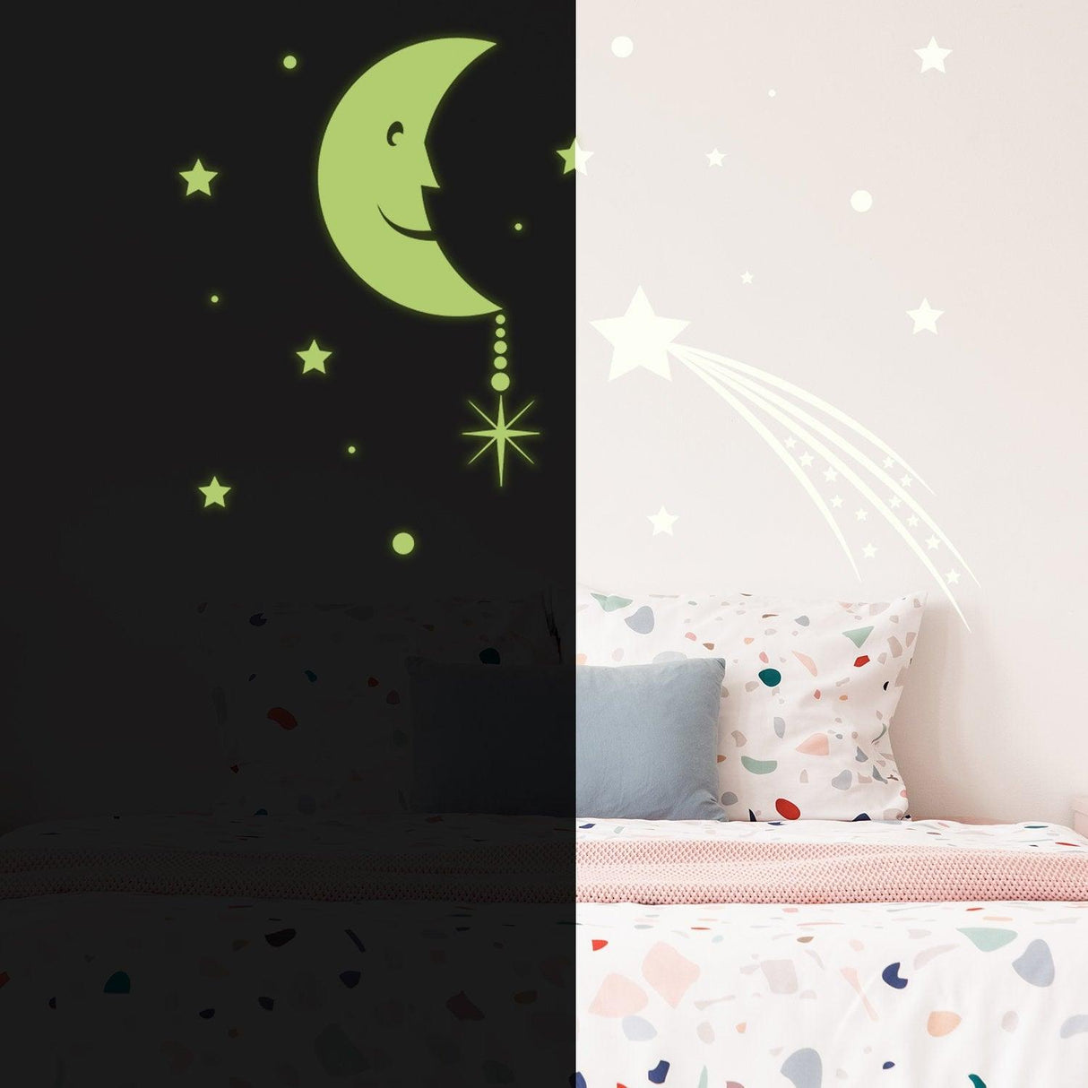 Glowing moon and stars wall sticker in dark and light, perfect for dreamy room decor.