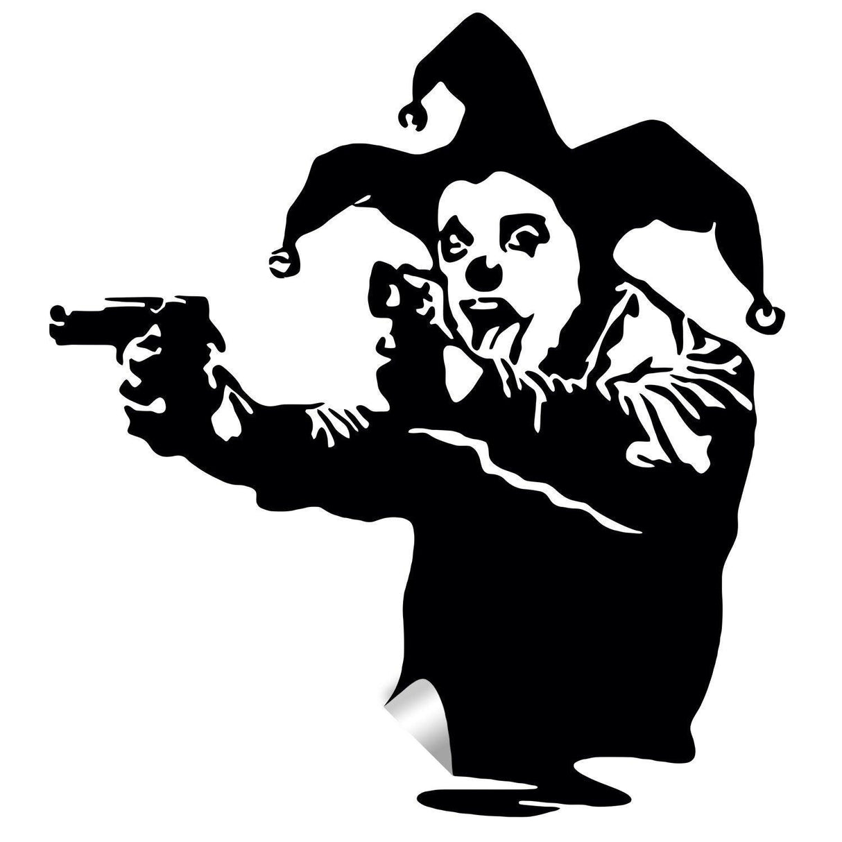 Banksy vinyl wall decal of a joker clown with guns, showcasing edgy street art style and humor.