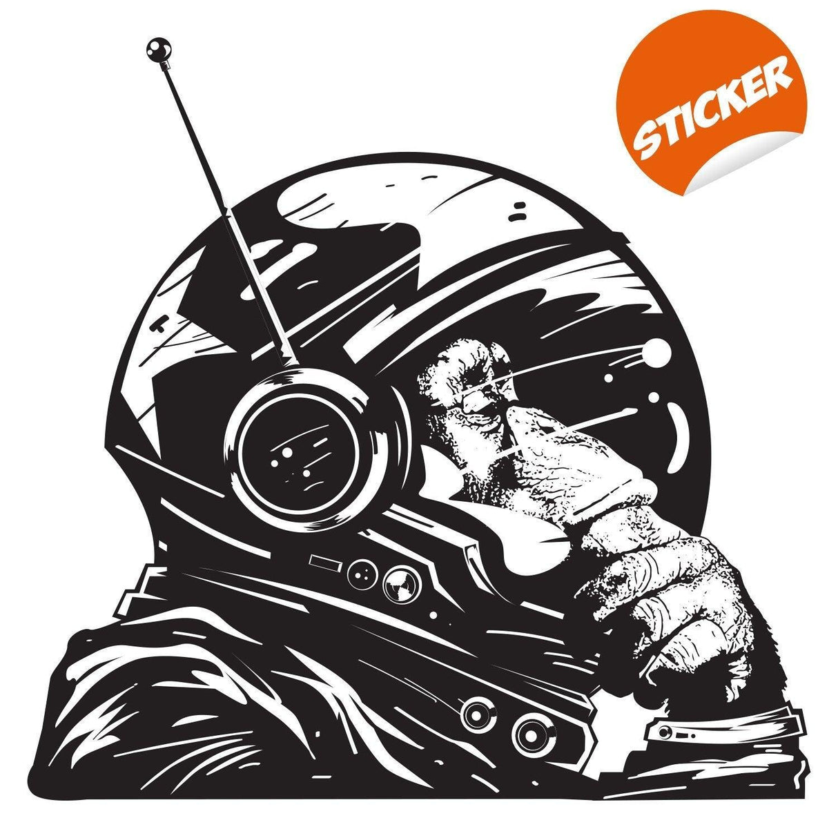 Whimsical astronaut monkey sticker, showcasing a chimp deep in thought in a space suit, perfect for wall decor.