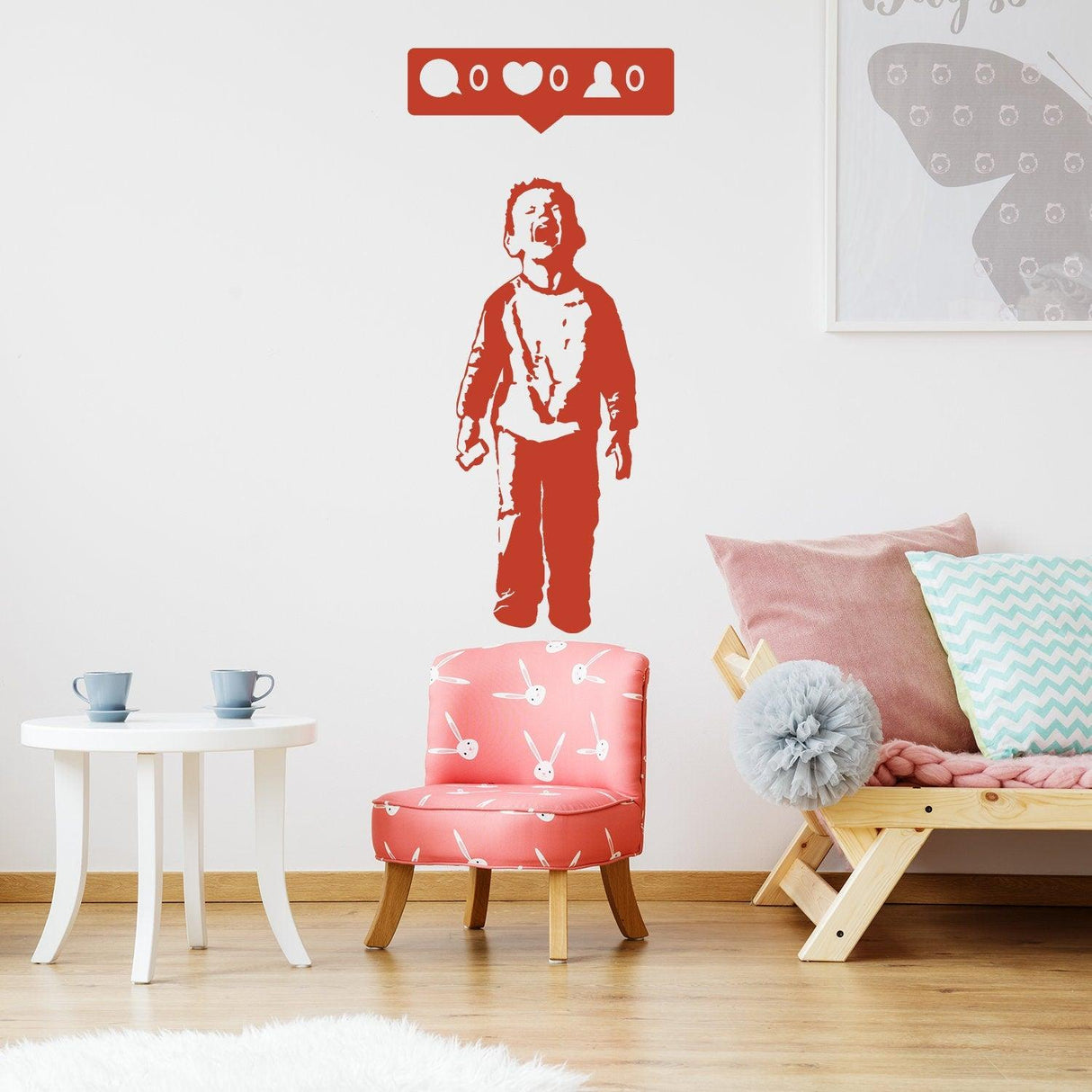 Crying boy with cellphone Banksy wall sticker, vibrant decor for social media enthusiasts in modern room.