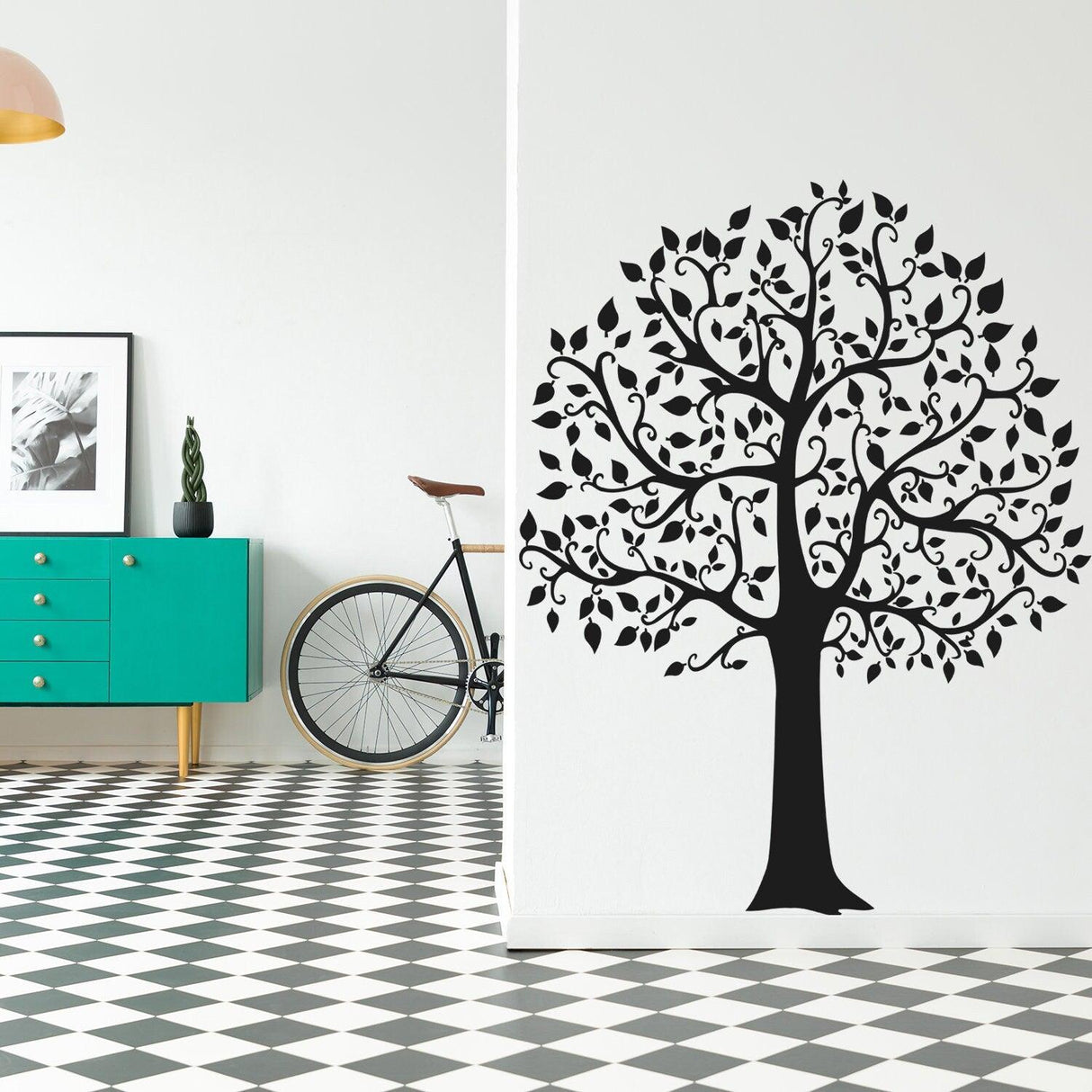 Birch tree wall decal in a stylish room with modern furniture and checkered floor design.