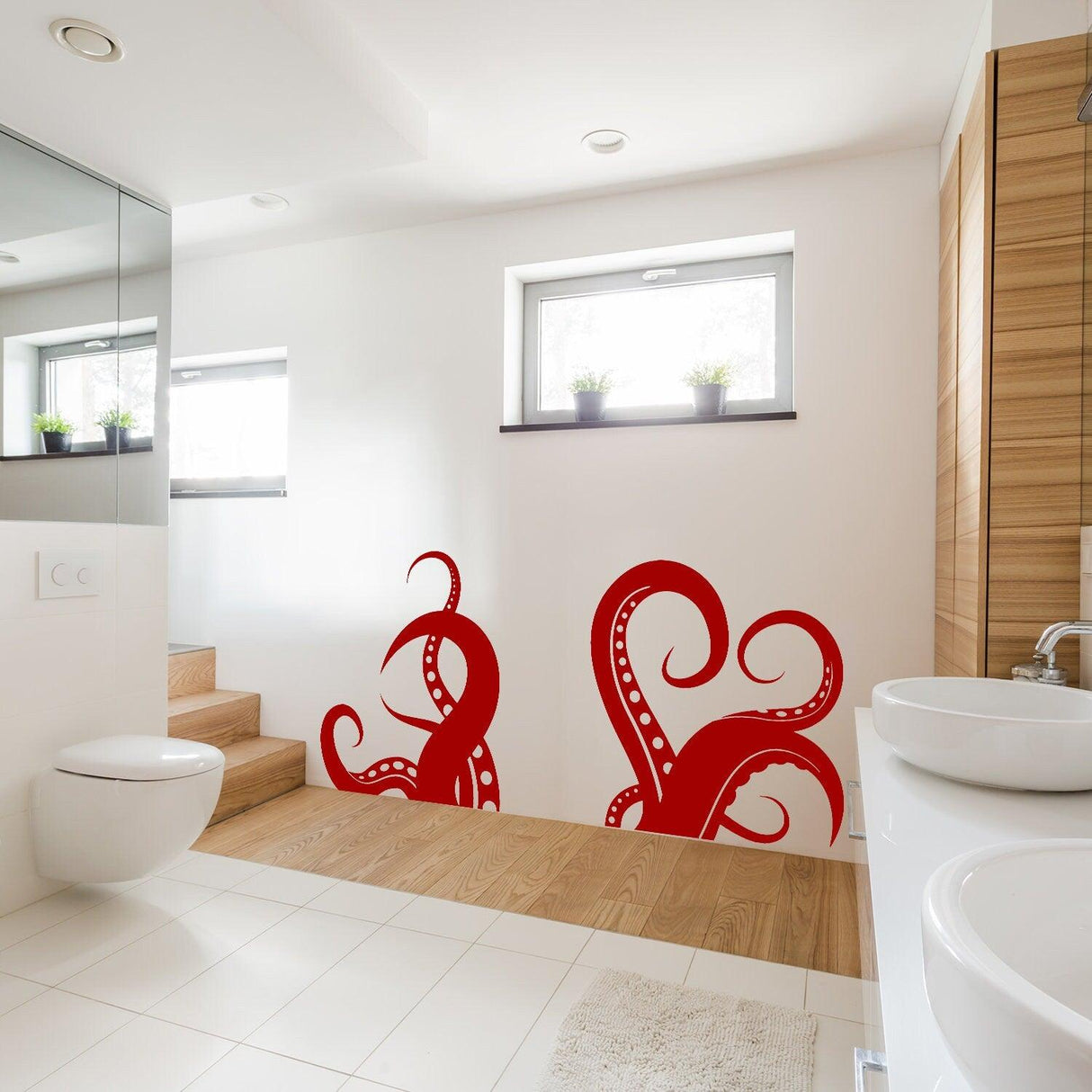 Red octopus tentacles vinyl wall art sticker in modern bathroom decor, adding an oceanic touch to the space.