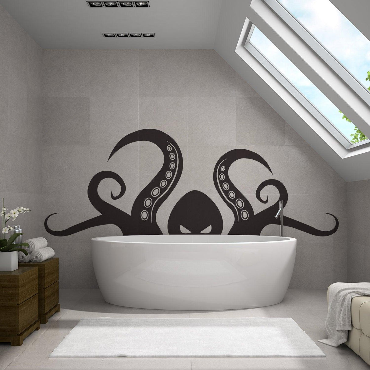 Octopus tentacle vinyl wall art sticker in modern bathroom over a white tub, adding ocean-themed decor.