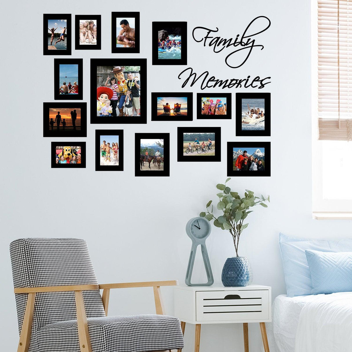Wall frame sticker design showcasing family memories in various picture frames on a stylish home wall.