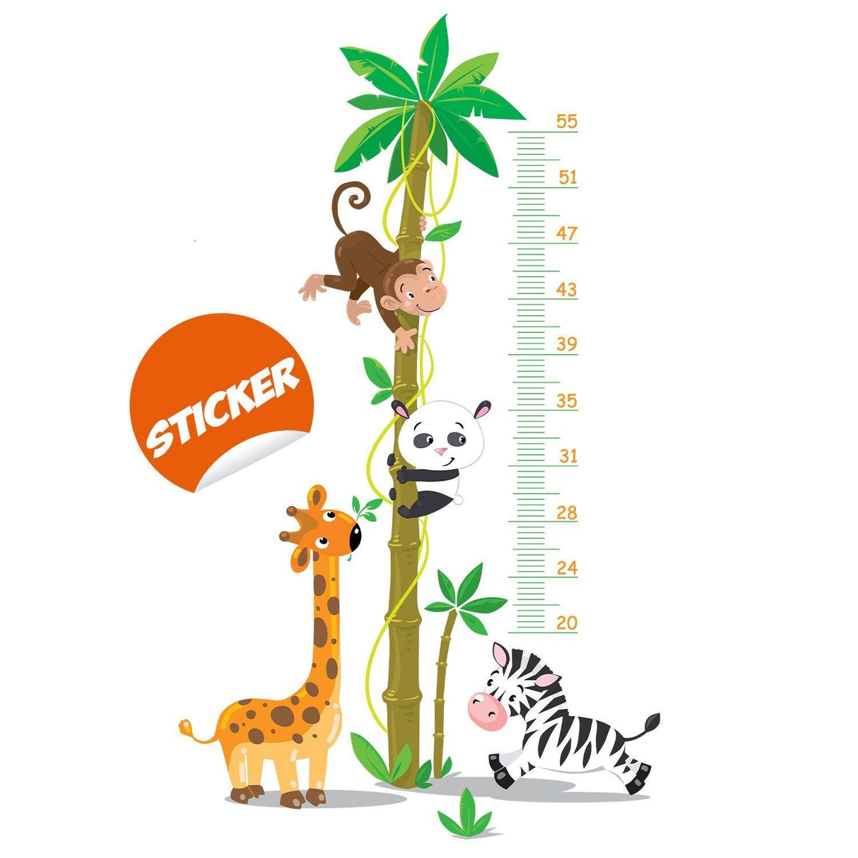 Colorful height growth wall art sticker with jungle animals for kids' room decor.