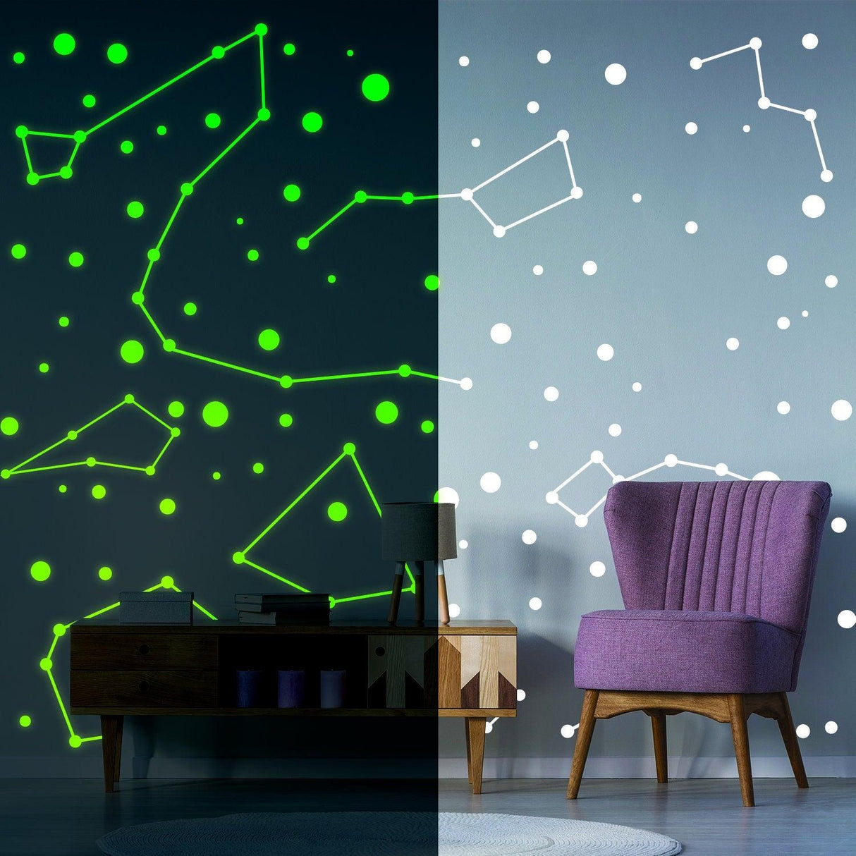 Glow in dark zodiac star wall sticker showcased on nursery wall with purple chair and lamp.