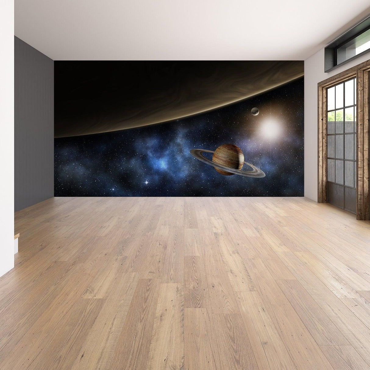 Deep outer space wallpaper featuring Saturn and a galaxy, ideal for kid's nursery or bedroom decor.