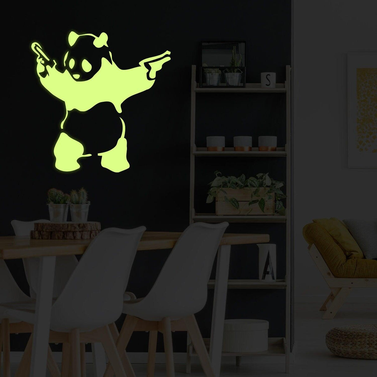 Glow In Dark Banksy panda wall sticker with guns, vibrant vinyl decal for unique home decor.