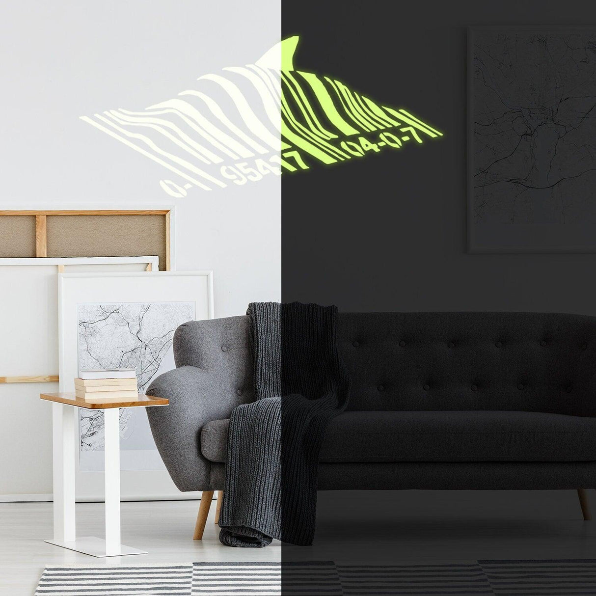 Glow in dark Banksy shark wall sticker glowing above a cozy gray sofa in stylish modern living room.