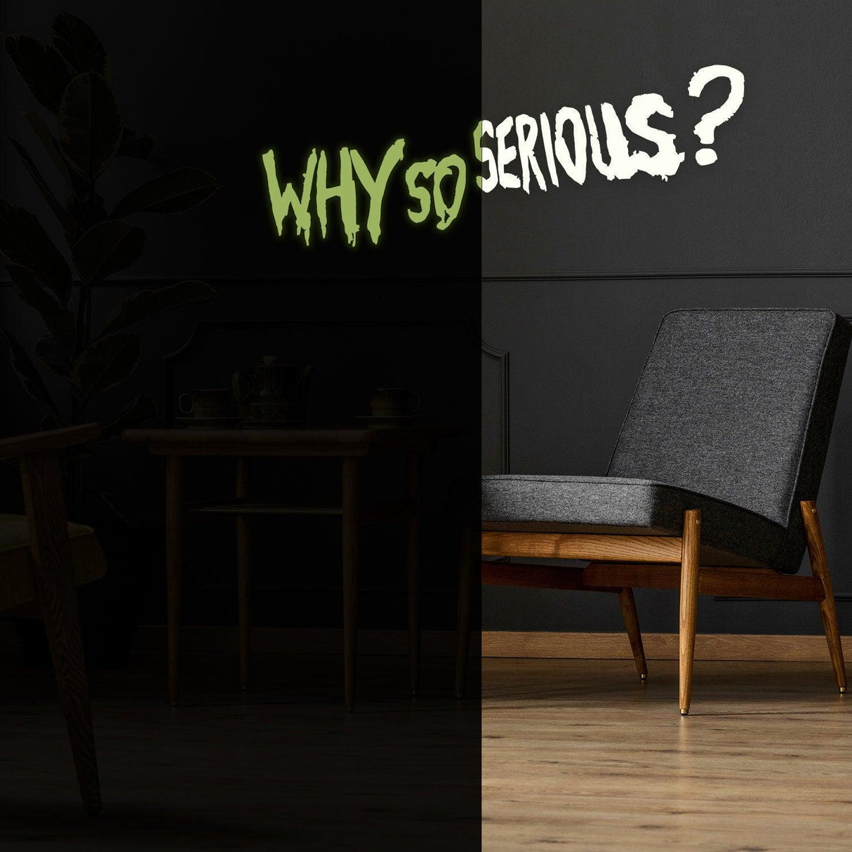 Joker glow in dark wall sticker reading 'Why So Serious?' on a dark wall, enhancing room decor with a villainous touch.