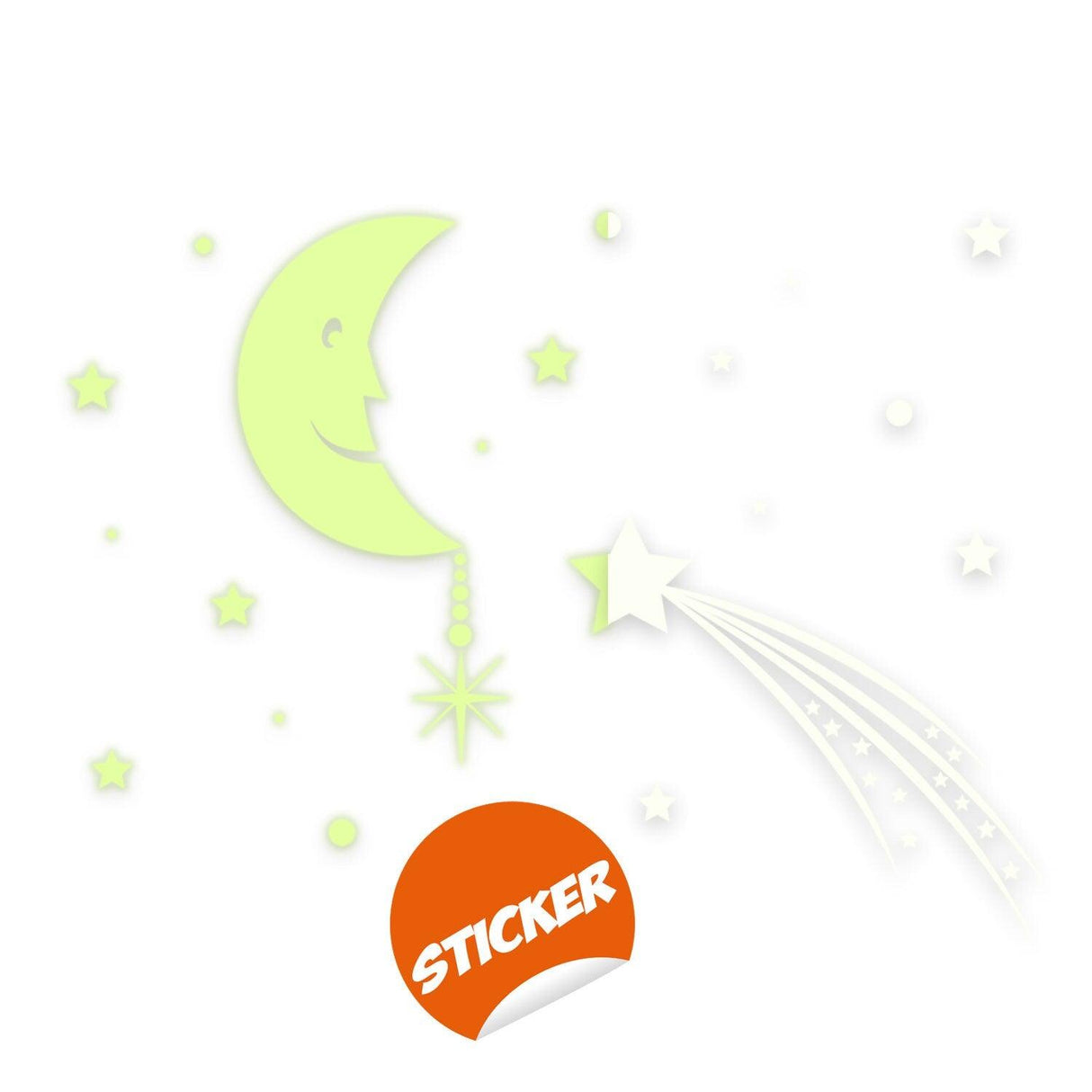 Glowing moon and stars sky sticker, glow in the dark falling star decor for dreamy room ambiance.
