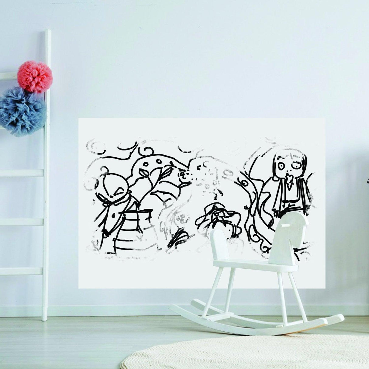 Artistic whiteboard sticker with abstract design on a wall in a modern room with a rocking chair.
