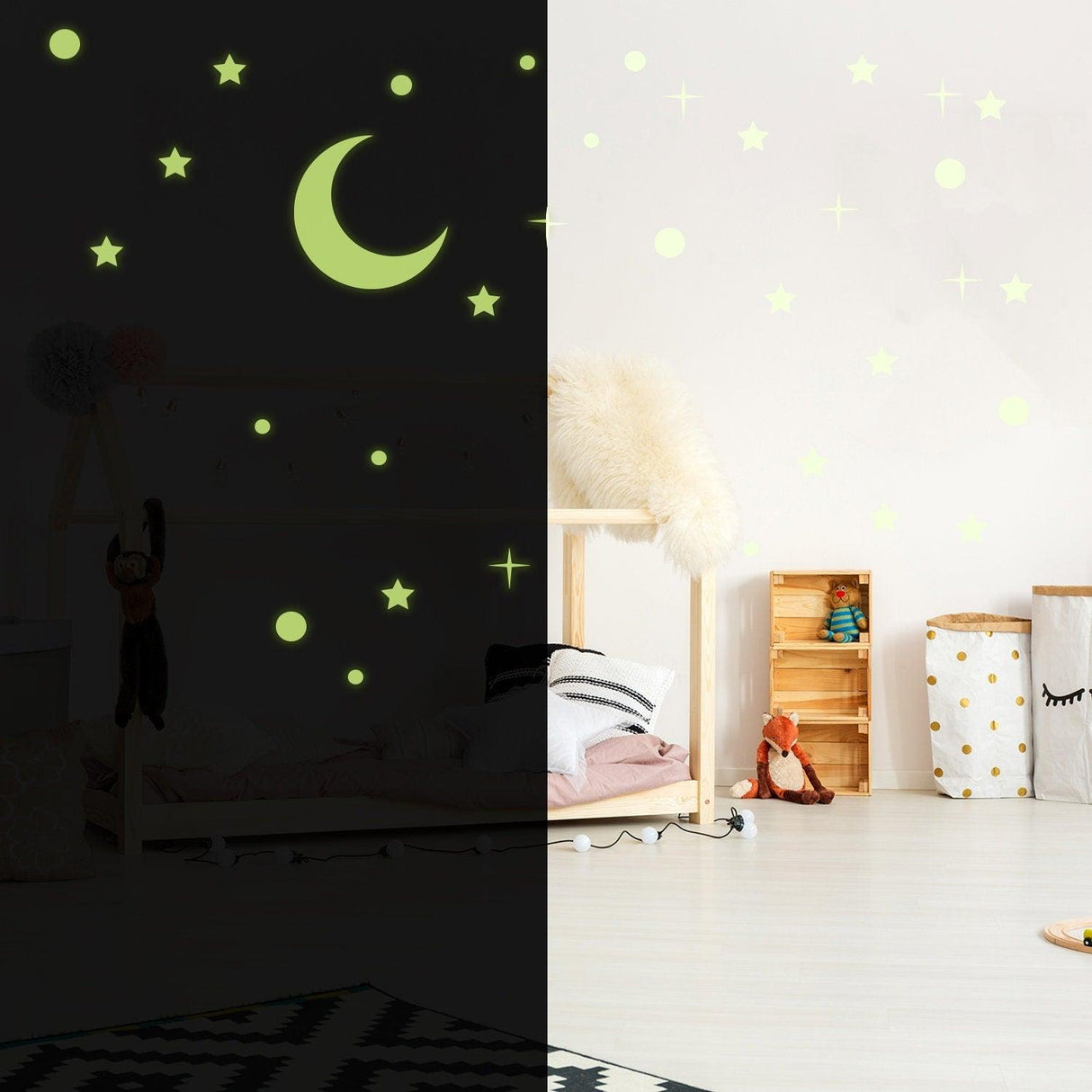 Glowing ceiling stickers featuring stars and moon on a wall, creating a magical starry sky decor for any room.