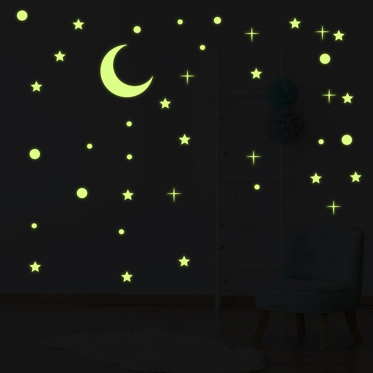 Glowing ceiling stickers featuring stars and a crescent moon, creating a magical starry sky wall decor.