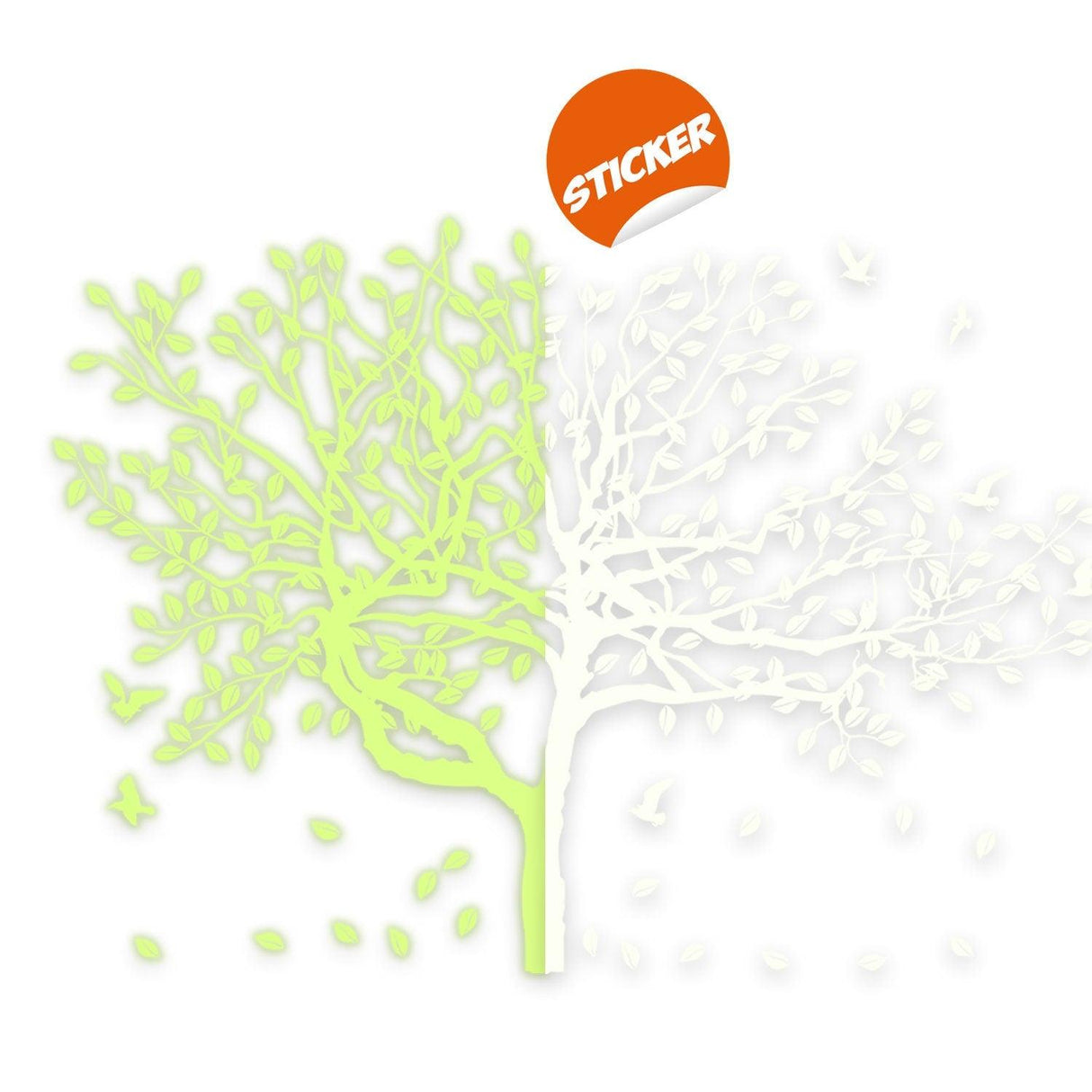 Glow in the dark tree vinyl sticker with leaves and birds, ideal for kids' room decor.