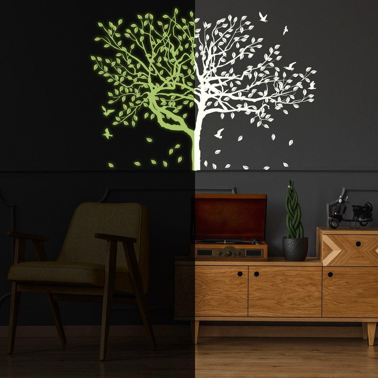 Glow in the dark tree wall vinyl sticker art illuminating a dark room, adding a unique touch to decor.