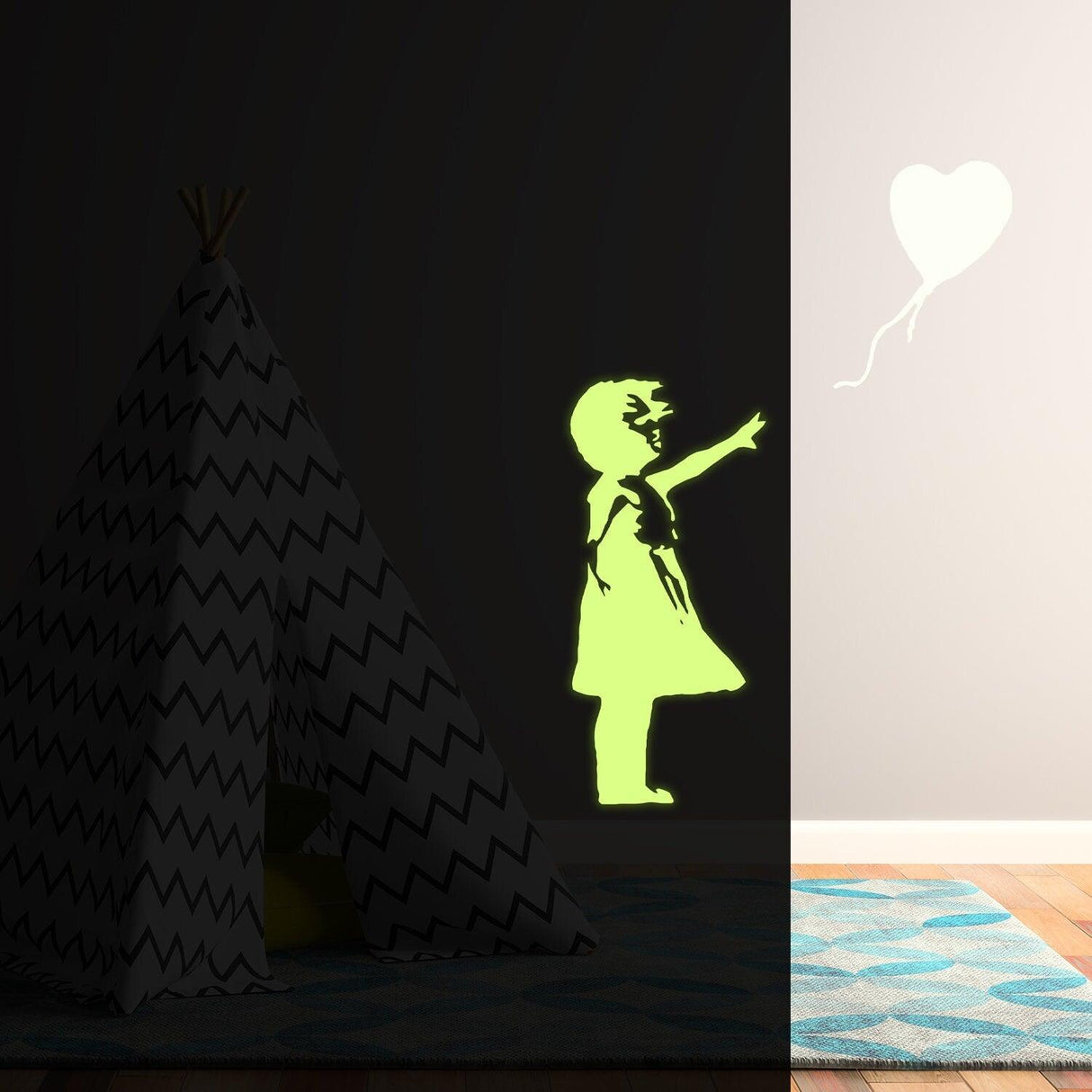 Glow in the dark vinyl sticker of a girl reaching for a balloon on a wall, perfect for children's room decor.