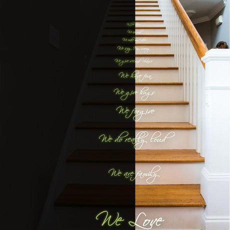 Glow in dark quote stair sticker featuring family values like love, fun, and second chances on a staircase.